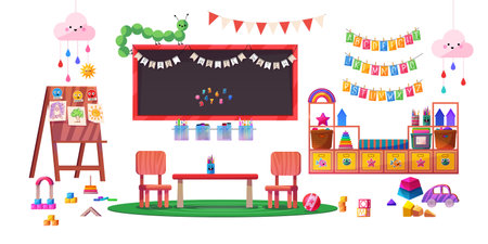 Kindergarten or primary school interior design elements. Vector cartoon illustration of furniture, toys, board, colorful wall decorations, childrens paintings isolated on white. Kids education spaceのイラスト素材