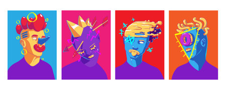 Abstract portraits in trendy contemporary style. Creative modern art posters with people faces with...