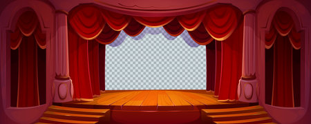 Theater stage with red curtains, columns, wooden floor with stairs and empty copy space. Classic theatre scene for performance, opera, concert, dance or music show mockup, Cartoon vector backgroundのイラスト素材