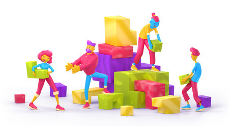 3d render contemporary characters team work together set up puzzle jigsaw. Businesspeople teamwork,...