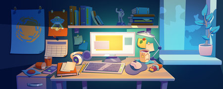 Workplace desk with computer at night room. Home work space with table, desktop, coffee cup, potted plant, mobile phone and stationery, messy freelancer or student place, Cartoon vector illustrationのイラスト素材
