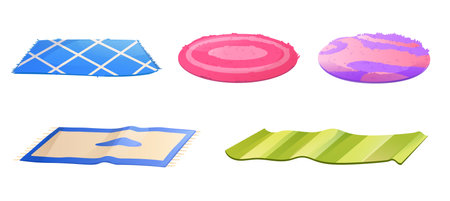 Carpets and rugs, floor mats for bath or dog of different shapes, designs and colors. Isolated nappy covering, interior decor with ornamental print, cozy home decoration, Cartoon vector illustrationのイラスト素材
