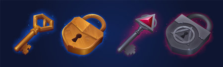 Game keys and locks ui icons, loot box gamer assets. Bronze and iron skeleton keys and padlocks. Cartoon graphic design elements with mysterious glow for rpg, quest or arcade, Vector illustration, setのイラスト素材