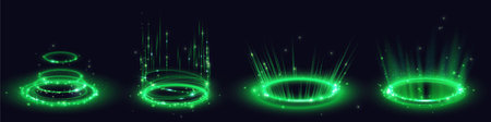 Circle digital portals, neon light platforms with glow and sparkles isolated on black background. Futuristic teleport podiums, healing aura for game interface, vector realistic setのイラスト素材