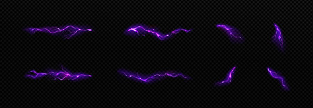 Lightning, electric purple thunderbolt strikes. Impact, crack, magical energy flash. Powerful electrical discharge, Realistic 3d vector bolts during night storm isolated set on transparent backgroundのイラスト素材