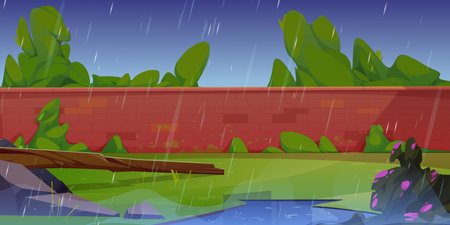 Rainy weather in green park or backyard with red brick wall, water puddles, stones, broken tree and blooming bushes under gloomy grey sky. Cartoon vector illustration of public garden with stone wallのイラスト素材