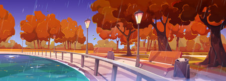 Autumn park landscape with lake, embankment, wooden benches and trees with orange leaves in rain. Empty promenade, river quay with balustrade and lanterns in fall, vector cartoon illustrationのイラスト素材