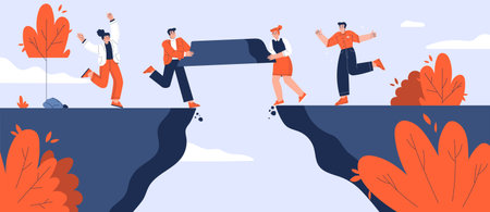Business team build bridge over gap together. Concept of teamwork, cooperation, corporate communication, partnership with people carry piece of cliff to build bridge, vector flat illustrationのイラスト素材
