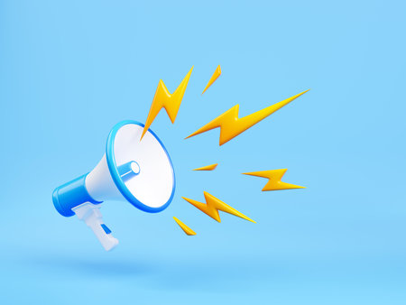 3d render megaphone or loudspeaker with flash lightning bolts. Announcement, sale notification, news, promotion concept. Isolated bullhorn illustration in cartoon plastic style on blue backgroundの写真素材