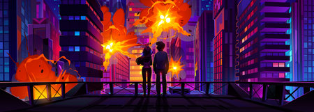 Silhouettes of couple watching explosions in city. Rooftop view of night cityscape with modern...