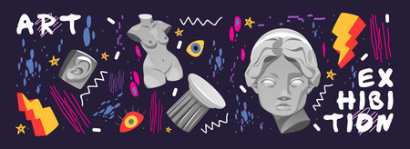 Abstract art exhibition banner in retro futuristic modern style. Antique sculpture and statue, eyes, surreal shapes and cyberpunk elements. Trendy psychedelic invitation flyer, Vector illustrationのイラスト素材