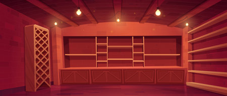 Cellar interior with wooden shelves and wine rack. Wine shop with empty showcase, food storage or store in building basement with glowing lamps and wood boards on walls, Cartoon vector illustrationのイラスト素材
