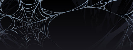 Spooky Halloween poster with spider web hanging in corner. Scary banner with old dirty cobweb, spider net and copy space on black background, vector cartoon illustrationのイラスト素材