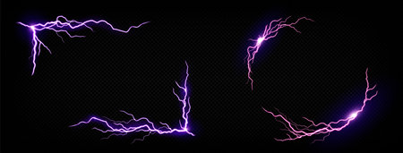 Lightning frames, electric purple thunderbolt rectangular and round borders. Energy strike photo...