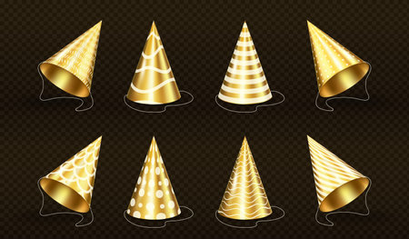 Golden party hats with pattern of stripes, wavy lines, dots and scale. Mockup of gold caps for birthday, Christmas, festive celebration isolated on transparent background, vector realistic setのイラスト素材