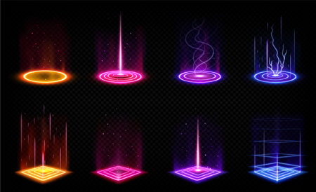 Futuristic digital portals with neon glow and hologram effect. Magic circle and square podiums, fantasy teleport platforms with color light beams and sparkles, vector realistic setのイラスト素材