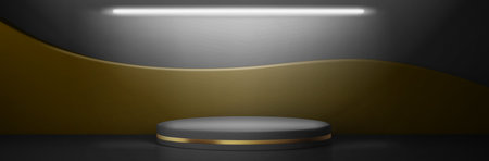 Circle platform with gold stripe in modern room in minimal style. Empty 3d gray podium, round studio...