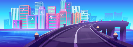 City skyline view from bridge over sea bay, empty road with metropolis cityscape with skyscraper buildings, modern urban architecture. House towers under blue clear sky, Cartoon vector illustrationのイラスト素材