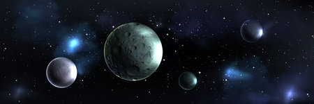 Space galaxy background with realistic planets, stars and nebula clouds in dark sky. Far universe,...
