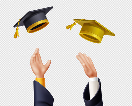 Students, college or university graduates throw up black and gold caps in air. People hands and flying graduation hats isolated on transparent background, vector 3d illustrationのイラスト素材