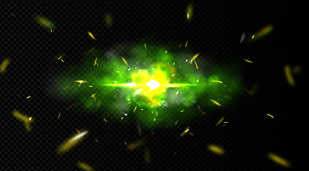 Explosion effect with sparks, green light and smoke. Bomb explode with yellow glowing center and flying particles or embers. Firework flare, flash, bright twinkle, Realistic 3d vector illustrationのイラスト素材
