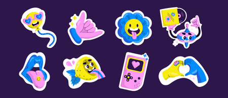 Cute retro style stickers set isolated on background. Contemporary vector illustration of crazy colorful balloon, flower and lemon characters, heart and shaka hand gestures, tongue and lip patchesのイラスト素材