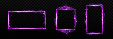 Set of purple rectangular lightning frames png isolated on transparent background. Realistic vector illustration of neon glowing magic power, electric energy effect borders for game ui. Design elementのイラスト素材