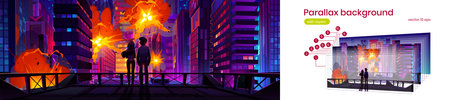Silhouettes of couple on roof watching explosions in city, parallax background. Night cityscape,...