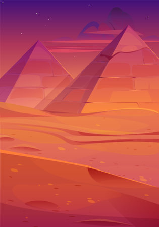 Ancient Egyptian pyramids at dusk. Cartoon vector illustration of antique pharaoh tomb buildings in desert under colorful evening sky with stars. Famous tourist landmark. Adventure game backgroundのイラスト素材