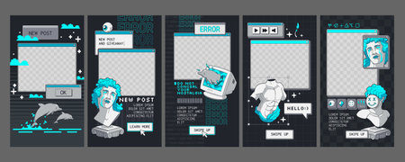 Set of retro software windows, social media app design for mobile gadget. Vector illustration of...