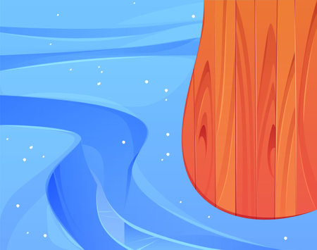 Top view of wooden pier or bridge on abstract light blue ice, snow or water background. Cartoon vector illustration of natural wood plank textured platform. Furniture production banner design templateのイラスト素材
