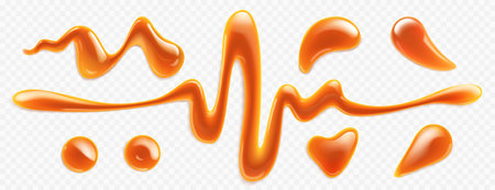 Caramel drops, melted toffee, sugar caramelization, sweet sauce drips of different shapes isolated on transparent background. Orange brown glossy fudge or syrup stains realistic 3d vector illustrationのイラスト素材