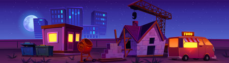 House construction site against night cityscape background. Suburb development. Cartoon vector illustration of brick building with roof, pile of bricks, workers cottage, concrete mixer, crane food vanのイラスト素材