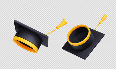 Throw up graduation caps in air. Flying black academic hats with yellow rope tassel isolated on transparent background, 3d vector illustration, angle viewのイラスト素材