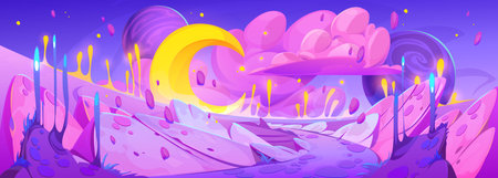 Fantasy pink planet surface. Cartoon vector illustration of magic space landscape with road and plants, yellow moon, fantastic stars, fluffy clouds on horizon. Dream galaxy game background designのイラスト素材