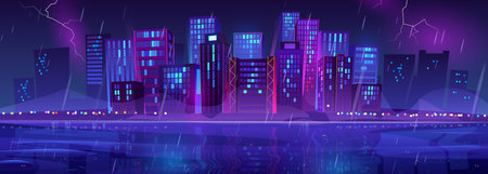 Night rainy city skyline view on lake shore or bank, glow street lamps, metropolis cityscape with neon glowing skyscraper buildings, urban seaside architecture in rstorm. Cartoon vector illustrationのイラスト素材