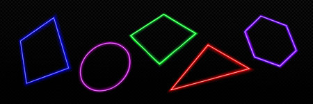 Neon light frames, glowing line borders square, circle, triangle and hexagon shapes in perspective view. Abstract light frames isolated on transparent background, vector realistic setのイラスト素材