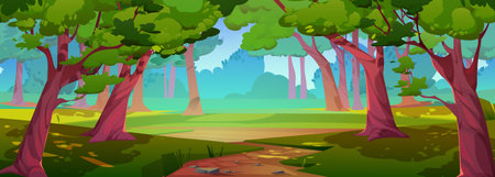 Sunny summer forest, park nature landscape. Cartoon wood background with green grass under trees, empty brown sandy path. Vector illustrationのイラスト素材