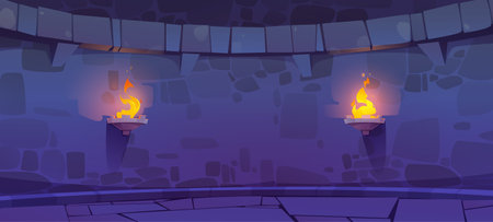 Castle dungeon interior with stone brick walls and torches. Empty basement of medieval temple, palace or fort tower with fire on wall at night, vector cartoon illustrationのイラスト素材
