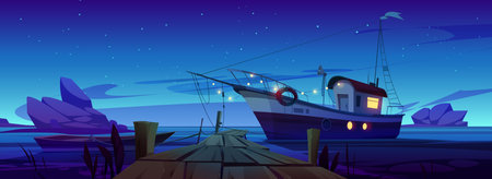 Fishing boats at pier in lake, river or sea harbor. Summer night landscape with dock with boardwalk, wooden boat and fishery ship, stones in water, dark sky with stars, vector cartoon illustrationのイラスト素材