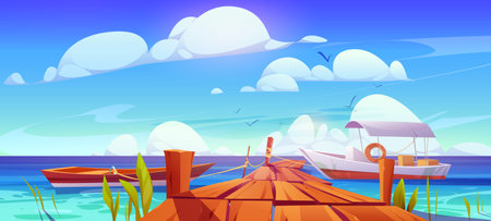 Beautiful seascape with wooden bridge and boats. Vector cartoon illustration of old footbridge and sea or ocean view with clear water under blue sky with white fluffy clouds. Sunny tropical landscapeのイラスト素材