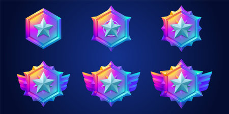 Game award badges, icons of ranking medals with star symbol. Winner achievement signs, gradient colored hexagon emblems with stars and wings, vector cartoon setのイラスト素材