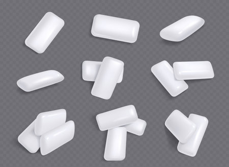 White chewing gums, mint candies for fresh breath. Piles of sweet menthol bubble gum pads, chewy candies isolated on transparent background, vector realistic illustrationのイラスト素材