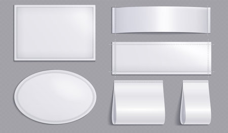 Blank clothes tags, fashion labels with seams. Empty white fabric badges for shirts, dresses and apparel with stitches isolated on transparent background, vector realistic setのイラスト素材