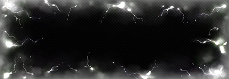Thunder storm effect with lightnings, smoke and sparks. Abstract background of electricity shock, energy flash, thunderbolt and fog clouds, vector realistic illustrationのイラスト素材