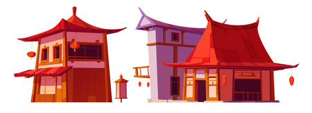 Asian architecture, chinese houses, traditional oriental buildings in China. Asian city buildings with red roof, wooden walls and lanterns, vector cartoon illustrationのイラスト素材