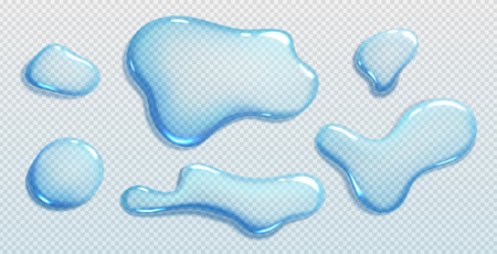 Liquid spills, water drops and puddles isolated on transparent background. Clear droplets of pure aqua, blue cosmetic serum or gel in top view, vector realistic setのイラスト素材