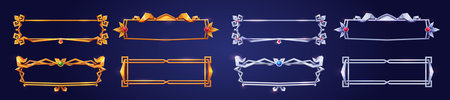 Empty rectangle frames in medieval style for game ui design. Vector cartoon set of user interface elements with golden and silver ornate flourish border, decorated with gems, isolated on backgroundのイラスト素材