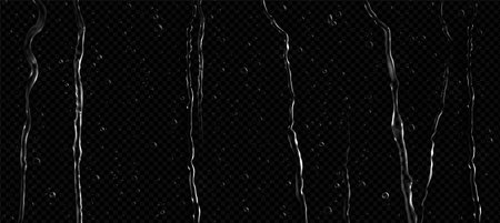 Realistic water drops and streams on black background. Vector illustration of condensation drops, rain droplets, shower flows on glass surface. Abstract wet texture. Scattered or sprayed aqua blobsのイラスト素材