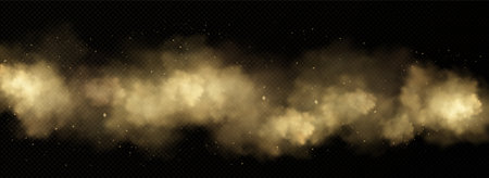 Brown dust, sand and smoke clouds. Effect of sandstorm, wind storm in desert or explosion with texture of flying dusty powder and dirt particles, vector realistic backgroundのイラスト素材